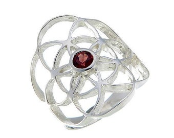 Sacred Geometry, Sterling Silver Seed of Life Ring with Garnet Gem