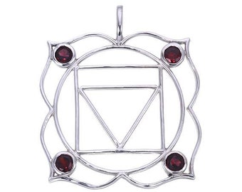 Chakra, Root Chakra Pendant with Garnets made in 925 Sterling Silver, Muladhara Chakra