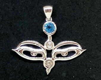 Sterling Silver Eyes Pendant with Choice of Amethyst, Blue Topaz, Aquamarine, Peridot, or Garnet - donation to Seva Foundation w/ each sale!