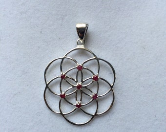 Sacred Geometry, Sterling Silver Seed of Life Pendant with Rubies