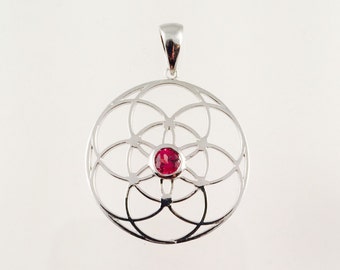Sacred Geometry, Sterling Silver Seed of Life Pendant with Garnet Center Stone