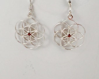 Sacred Geometry, Sterling Silver Seed of Life Earrings with Garnets or Plain Silver