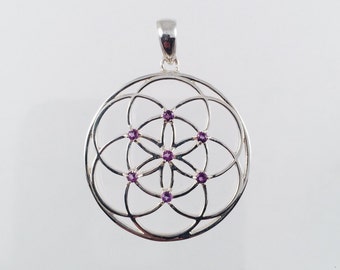 Sacred Geometry, Sterling Silver Seed of Life Pendant with Amethysts