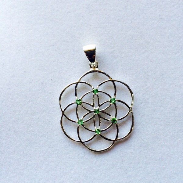 Sacred Geometry, Sterling Silver Seed of Life Pendant with Tsavorite (green garnet) Gems