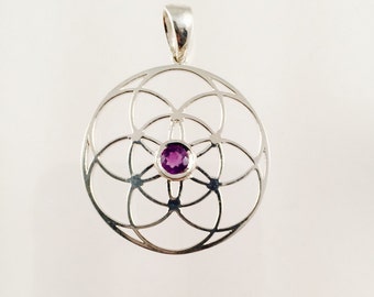 Sacred Geometry, Sterling Silver Seed of Life Pendant with Amethyst Center Stone