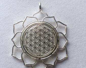 Sacred Geometry, Sterling Silver Flower of Life in Lotus Pendant