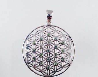 Sacred Geometry, Sterling Silver Flower of Life Pendant with Bezel Set Green Sapphires