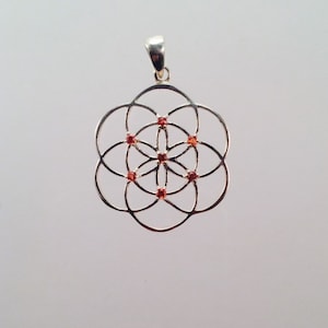 Sacred Geometry, Sterling Silver Seed of Life Pendant with Orange Sapphires