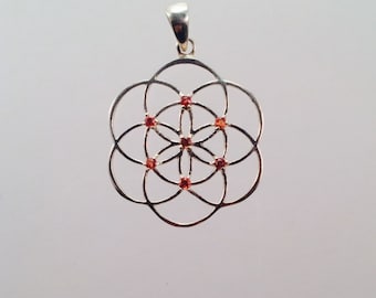 Sacred Geometry, Sterling Silver Seed of Life Pendant with Orange Sapphires