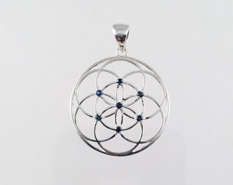 Sacred Geometry, Sterling Silver Seed of Life Pendant with Blue Sapphires