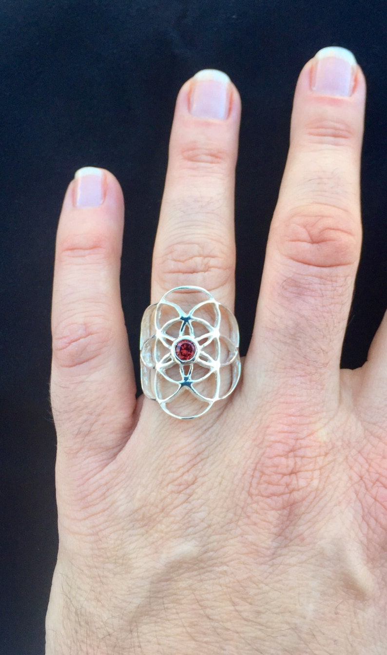Scared Geometry Ring Sacred Geometry, Sterling Silver Seed of Life Ring With Red or Green ...