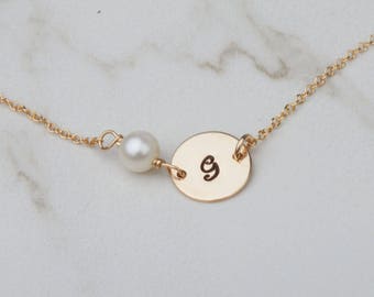 Bridesmaid Initial necklace,gold filled monogram,Layering Necklace,custom font,hand stamped,Pearl Necklace,sister Gift,best friend gift