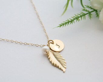 Gold Feather Necklace,Initial necklace,Custom birthstone,hand stamped initial,font choices,Fall Wedding,Bridesmaid gifts,Birthday,Everyday