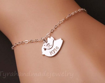 Mother Baby Bird Bracelet with hand stamped initial and name,Bird initial bracelet,mother's day gift,Gradema gift,Babyshower gift