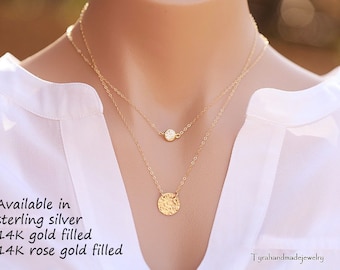 Double layered hammered disc necklace,tiny dot necklace,hammered disc tag necklace,Gold,dainty necklace,birthday gift,everyday jewelry