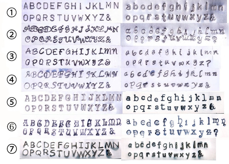 May include: A sheet of metal with seven rows of stamped alphabet letters in uppercase and lowercase fonts. Each row displays a different font style, including serif and sans-serif options, and the ampersand symbol.
