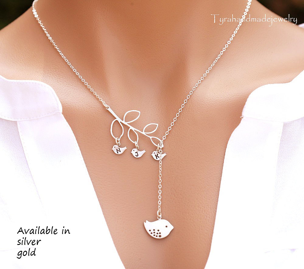 Bird On Branch Necklace,Bird Initial necklace,Mom and baby,kid initials,Mother jewelry,mother's Day Gift,Bird Family Lariat,anniversary Gift, image size:999x885