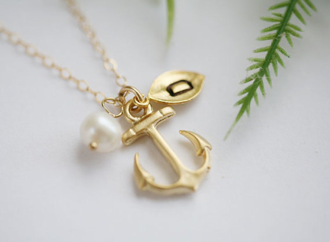 Gold Hope Anchor Necklace,anchor Initial Necklace,monogram Leaf,navy