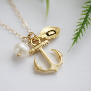 Anker Gold Hoffnung Ankerkette, Anker erste Kette, Monogramm Blatt, Marine Frau Geschenk, Hoffnung, Stärke Anker, Hochzeitsschmuck, brautjungferngeschenk