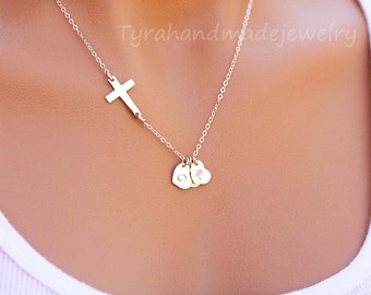 Sideways cross initial necklace,custom monogram heart,custom font,cross necklace,Blessed family necklace,faith necklace,mother's day gift