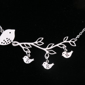 Bird family on branch necklace with initialed baby bird charms,mama bird on branch,Family Jewelry,anniversary gift,mother&#39;s day gift
