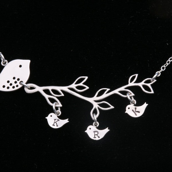 Bird family on branch necklace with initialed baby bird charms,mama bird on branch,Family Jewelry,anniversary gift,mother's day gift