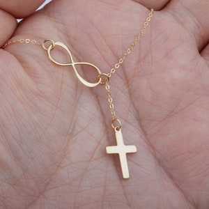 14k Gold filled/Sterling silver Infinity cross necklace,sideways Infinity Lariat,confirmation gift,Blessed faith,cross necklace