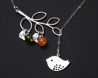 Initialed bird on branch Necklace,Mom and baby birthstone necklace,Mother Jewelry,hand stamped Initial,Mother's day gift,baby shower gift