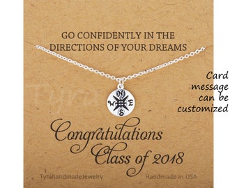 Compass necklace,graduation gift,class of 2018,lucky charm necklace,best friend gift,bridesmaid gift,Custom jewelry card,sisterhood gift