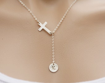 Sideways cross Lariat Y necklace,custom initial pendant,monogram tag,Blessed,faith jewelry,confirmation gift,Godmother gift,best friend gift