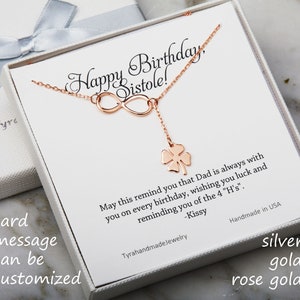 Collier en infini Lariat Y trèfle à quatre feuilles avec carte de note, collier trèfle, shamrock infini, meilleur ami, cadeau de St Patricks Day, fraternité
