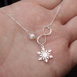 Snowflake infinity pearl sterling silver bracelet,winter wedding,Best friends,snowflake and infinity,bridesmaid gifts,wedding bridal jewelry