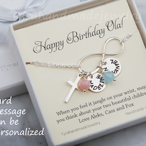 pulsera de etiqueta de nombre personalizado, piedra de nacimiento personalizada, pulsera cruzada de infinito grande personalizada, regalo del día de las madres, pulsera de amor de la fe, regalo de la abuela