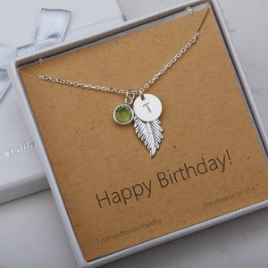 Collier de plumes en argent sterling, pierre de naissance initiale personnalisée, cadeau personnalisé, mariage d’automne, cadeau de demoiselle d’honneur, cadeau d’anniversaire, carte de bijoux personnalisée