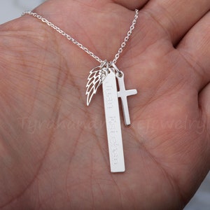 vertical engraved bar necklace,angel wing cross necklace,name date memorial bar necklace,Godmother gift,family loss gift,custom note card