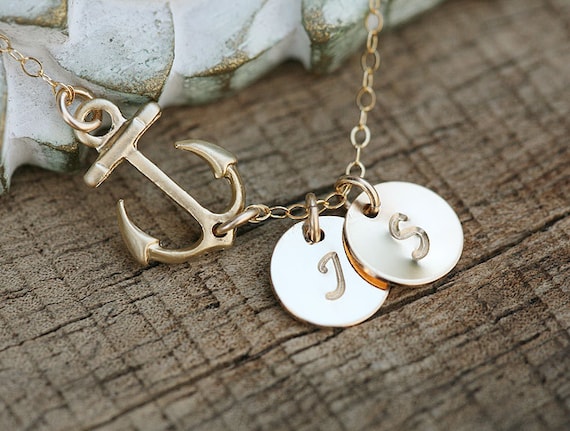 Nautical necklace with initial,custom hand stamped initial,,hope strength anchor,Mother gift,navy wife necklace,family anchor