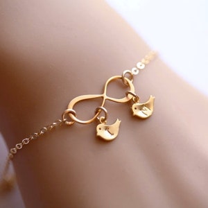 Gold Infinity Bracelet with custom initialed baby birds, TWO Initials letter Bracelet,Personalized Infinity jewelry,Couple initial jewelry