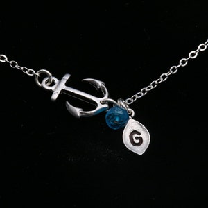 Anchor initial necklace,Personalized birthstone,hand stamped leaf monogram,hope Anchor,Sailor Navy wife gift,Bridesmaid gift,best friend