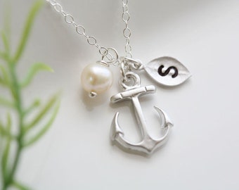 Anchor initial Necklace,monogram leaf necklace,Pearl necklace,Hope anchor,custom birthstone,Navy wife gift,Wedding Jewelry,Bridesmaid gift