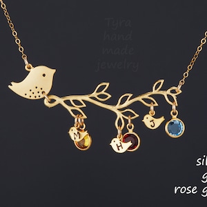 Collar familiar personalizado de plata/oro/oro rosa, monogramas familiares, pájaro en rama, joyería familiar, regalo de aniversario, regalo del día de la madre,