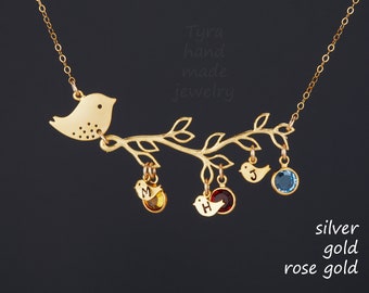 Silber / Gold / Roségold Custom Vogel Familie Halskette, Familienmonogramme, Vogel auf Zweig, Familienschmuck, Geschenk zum Jahrestag, Muttertag, Geschenk für die Familie,