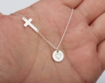 Personalized sideways cross necklace,Initial necklace,hand stamped,custom font,horizontal cross,Blessed jewelry,godmother gift,birthday gift