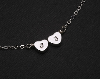 Heart Initial Necklace,thick heart charm,hand stamped Monogram,couple initial necklace,Bridesmaid gifts,Family Necklace,Mother jewelry