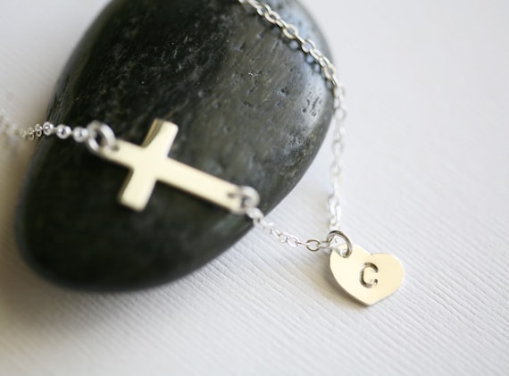 Sale-sideways Cross Necklace With Initial Charm,heart Initial