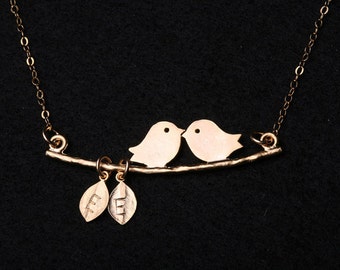 Custom bird family necklace,monogram leaves,kissing bird on branch,family initials,birthday babyshower gift,anniversary,custom jewelry card