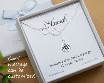 Infinity Compass lariat,gold or silver,Compass necklace,Y necklace,Graduation Gift,friendship necklace,bridesmaid gift,custom jewelry card