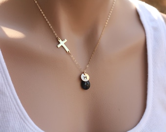 Gold sideways cross necklace,hand stamped initial necklace,Blessed necklace,Custom birthstone,custom font,anniversary gift,birthday gift