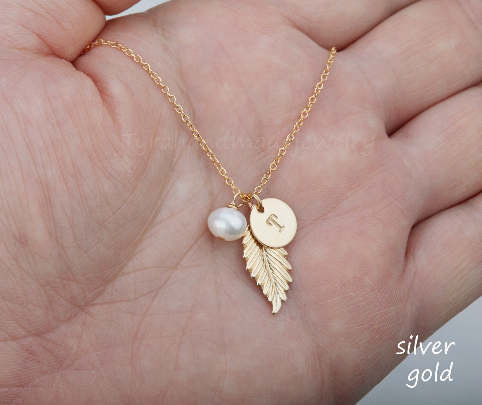 Gold Feather Necklace,Initial necklace,Custom birthstone,hand stamped…