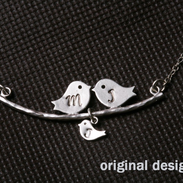 One baby,Bird Necklace,Grandmother,Mother Jewelry,Initial necklace,Mother's day,Family Bird,Lariat Sterling Silver Necklace