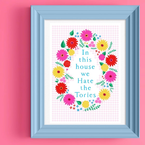 Dans cette maison, nous détestons les conservateurs, typographie florale, impression d'art anti conservateurs A4, A5, F les conservateurs, articles de maison anti conservateurs, décoration gothique, fleurs noir et blanc